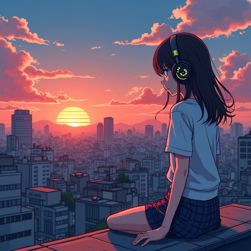Anime girl with headphones on a Tokyo rooftop at sunset, generated by Lyra